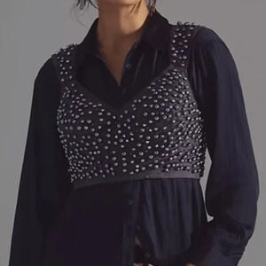 NWT Anthropologie Pearl Embellished V-Neck Crop Bra Top Gray Women's Size 14